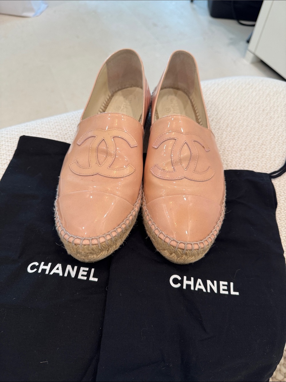 CHANEL Petal Pink Patent Leather Espadrilles - Size 42